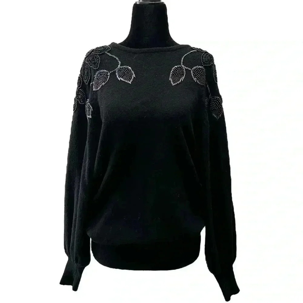 Vintage Angora Lambswool Sweater Pullover Beaded Appliqué Black Size Medium
